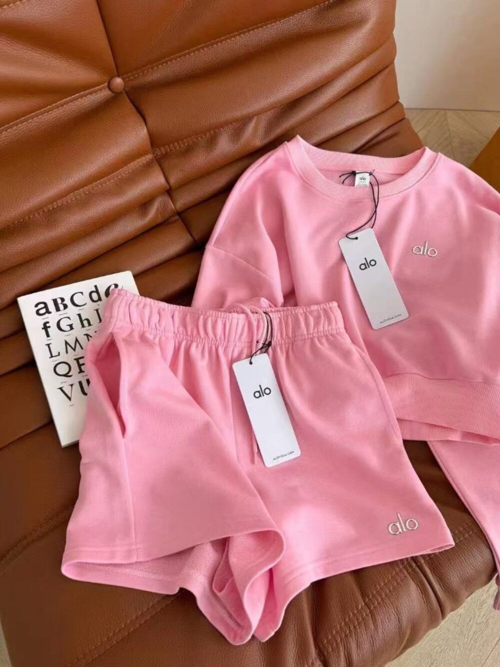 ALO Yoga Pink Sweatshirt and Athletic Shorts Set – Women's Size S - Picture 2 of 2